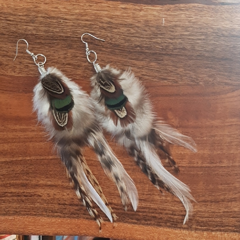 Brown and Green Feathered Earrings with Turquoise Accents
